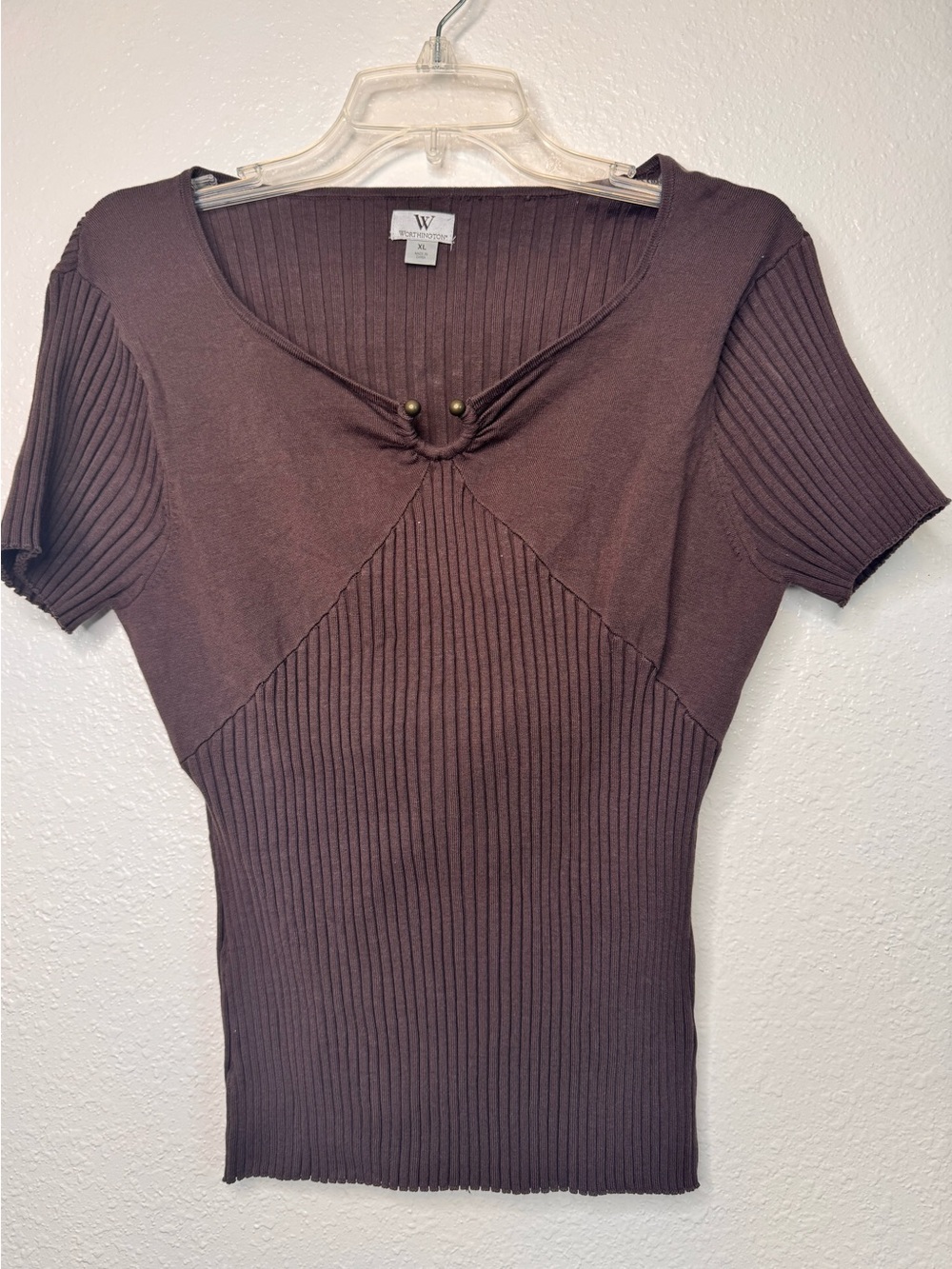 Y2K VTG 00s Brown Stretchy Ribbed U Metal Opening Ribbed Top XL Worthington